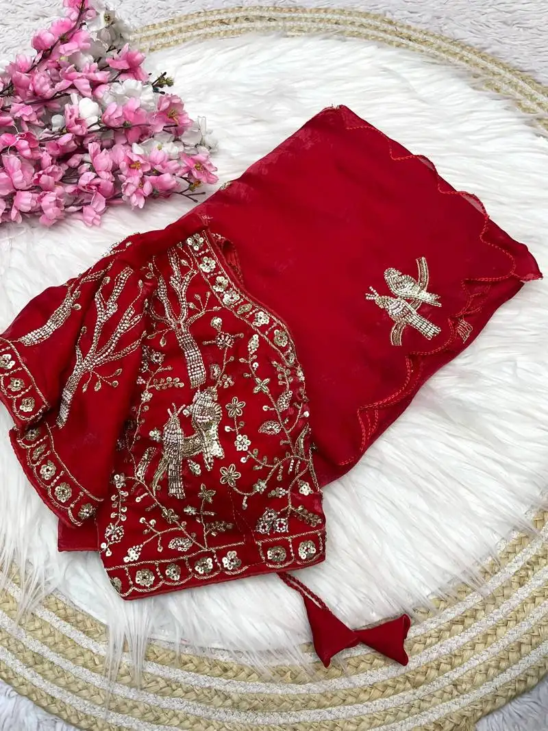Red fendy satin khatli beads work saree with fully stitched blouse