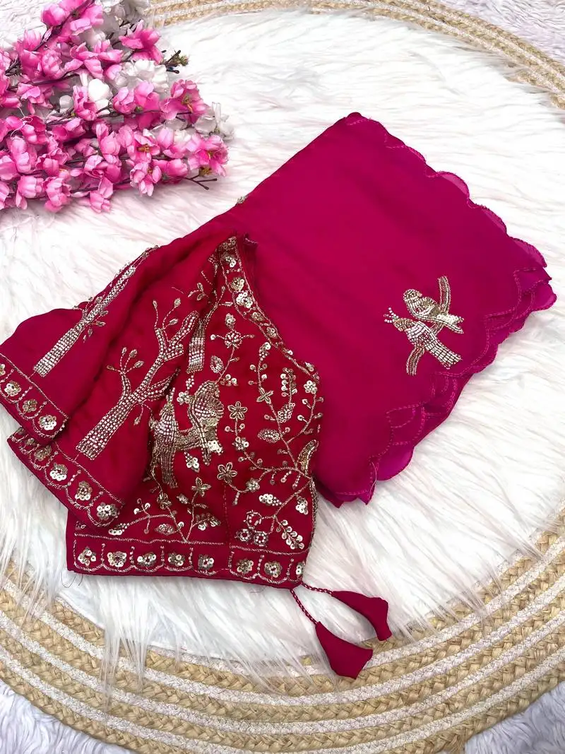 Ranipink fendy satin khatli beads work saree with fully stitched blouse