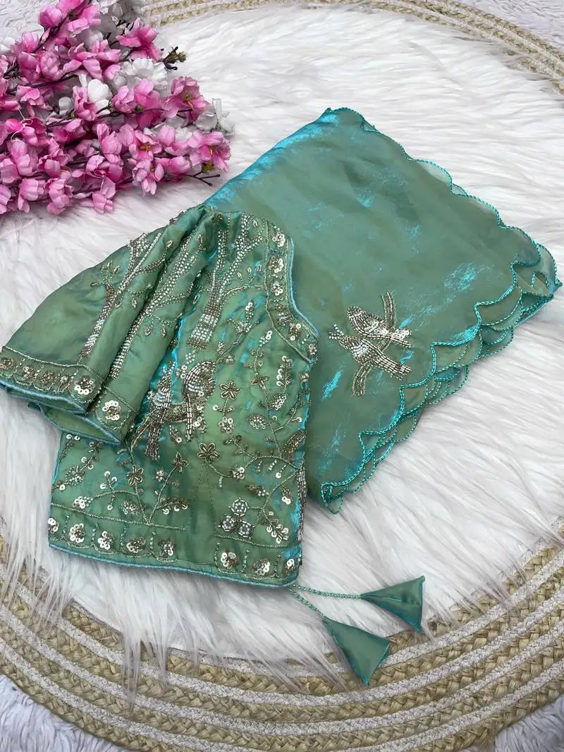 Seagreen fendy satin khatli beads work saree with fully stitched blouse