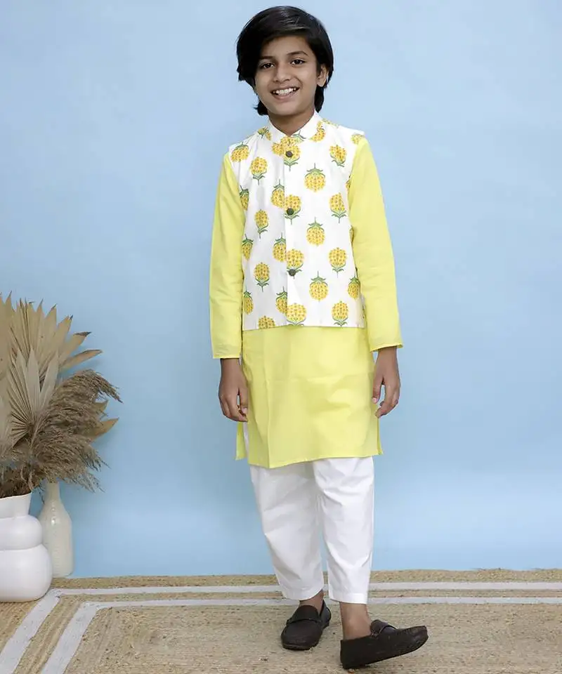 Yellow printed cotton nehru jacket set