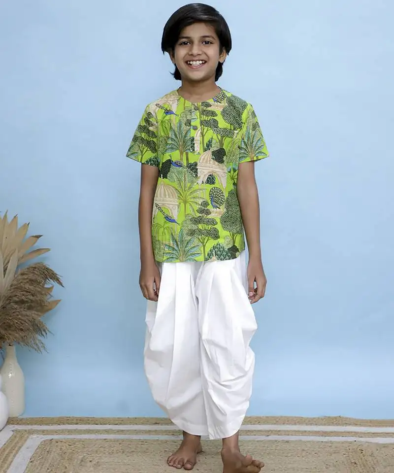 Green printed cotton kurta