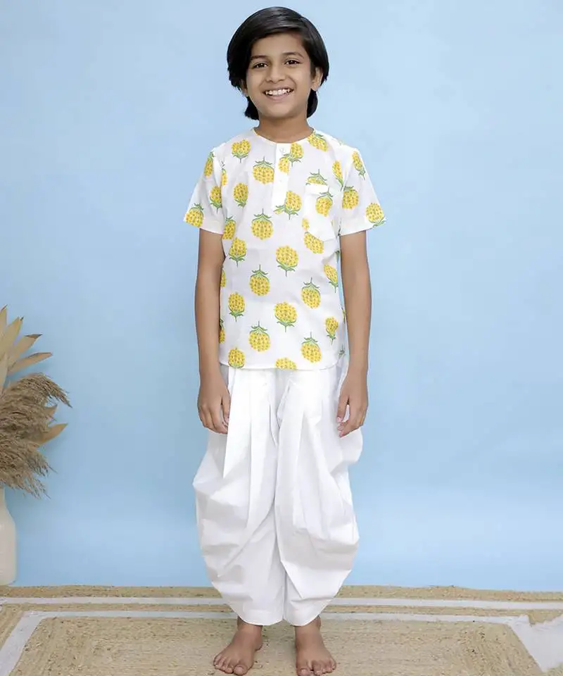 White printed cotton kurta