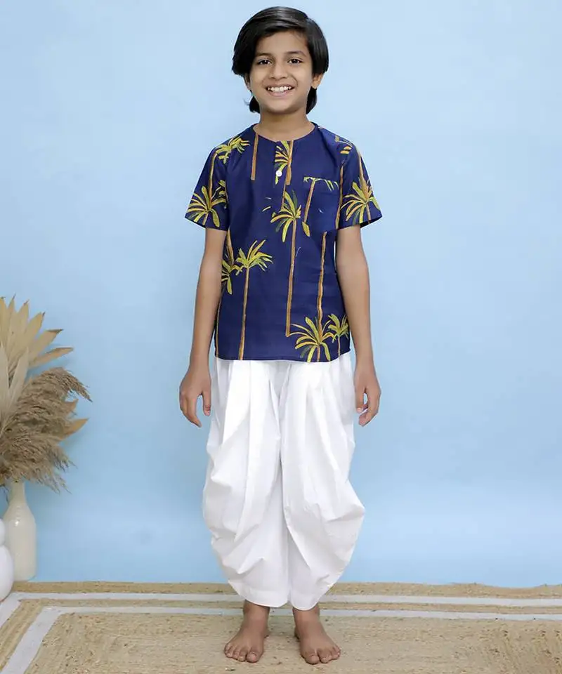 Navy blue printed cotton kurta