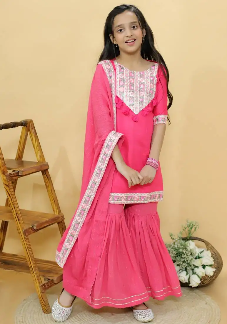 Pink embroidered cotton sharara set