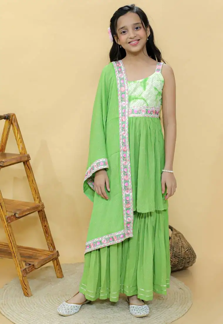 Green embroidered cotton sharara set