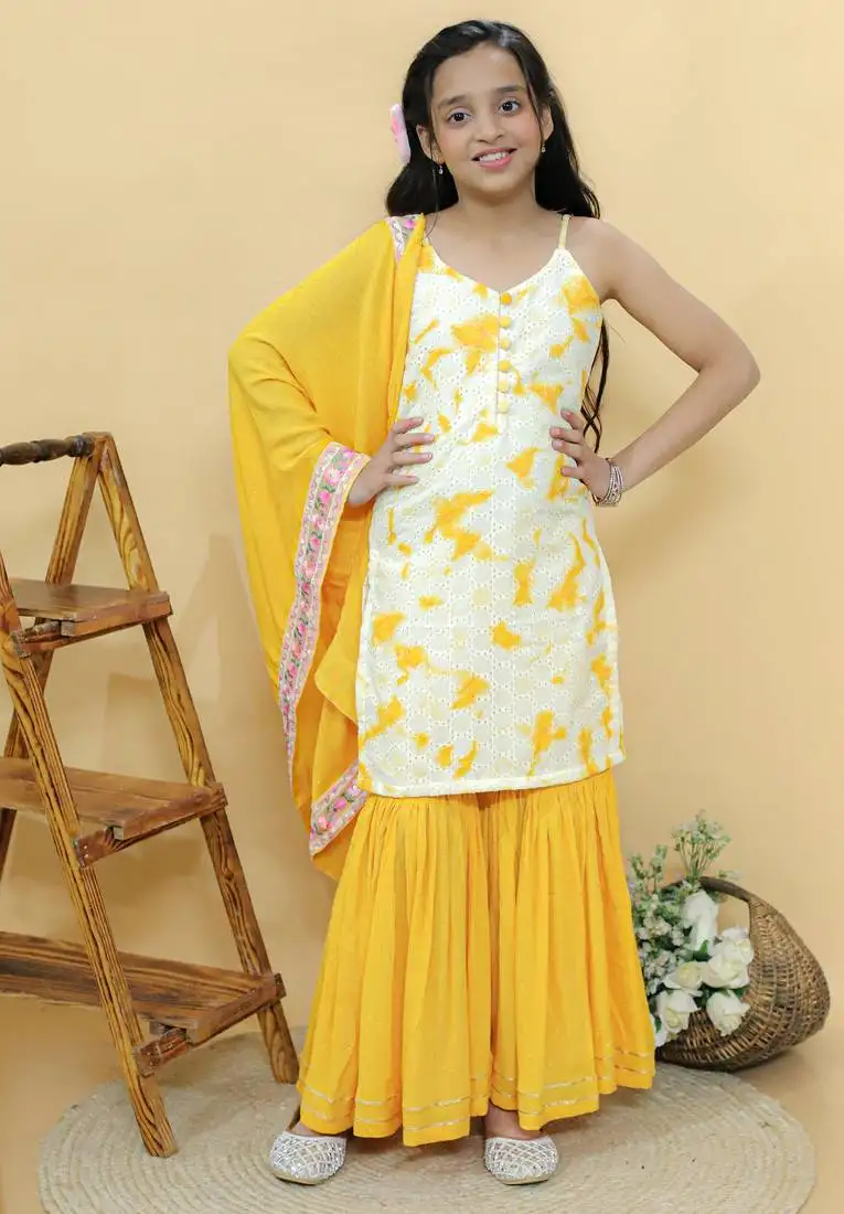 Yellow printed cotton sharara set