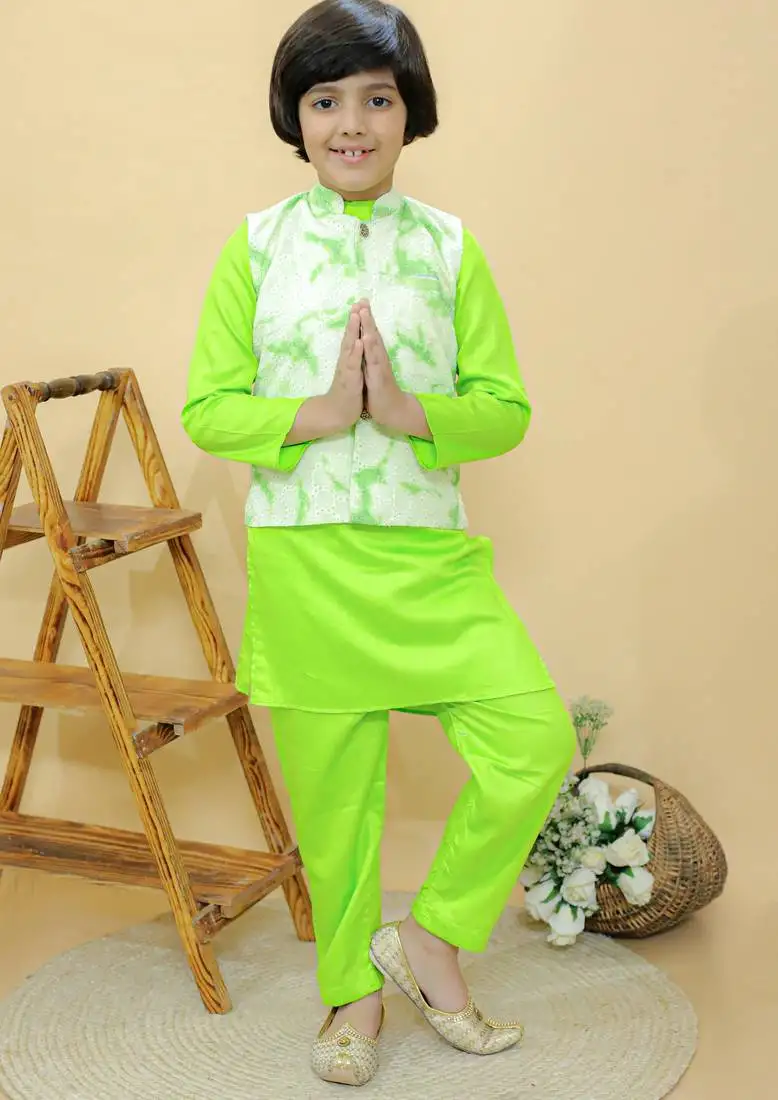 Green embroidered cotton nehru jacket set