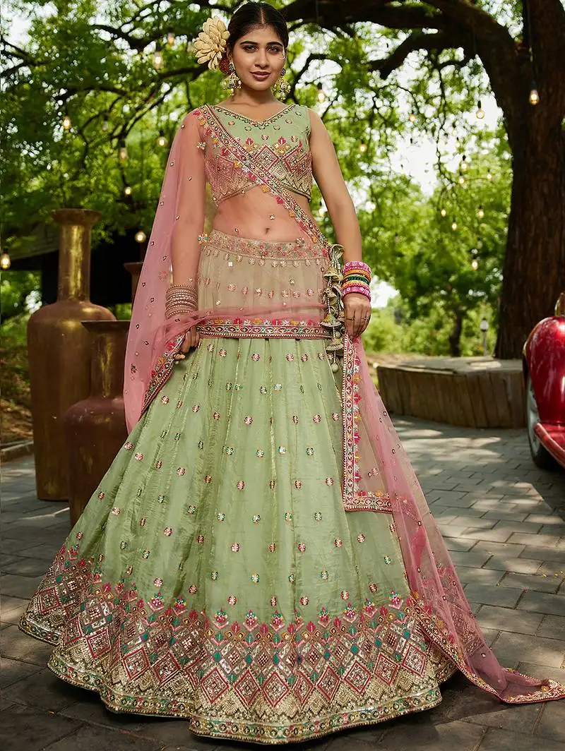 Lime green colour tissue sequin embroidery semi-stitched lehenga choli & dupatta