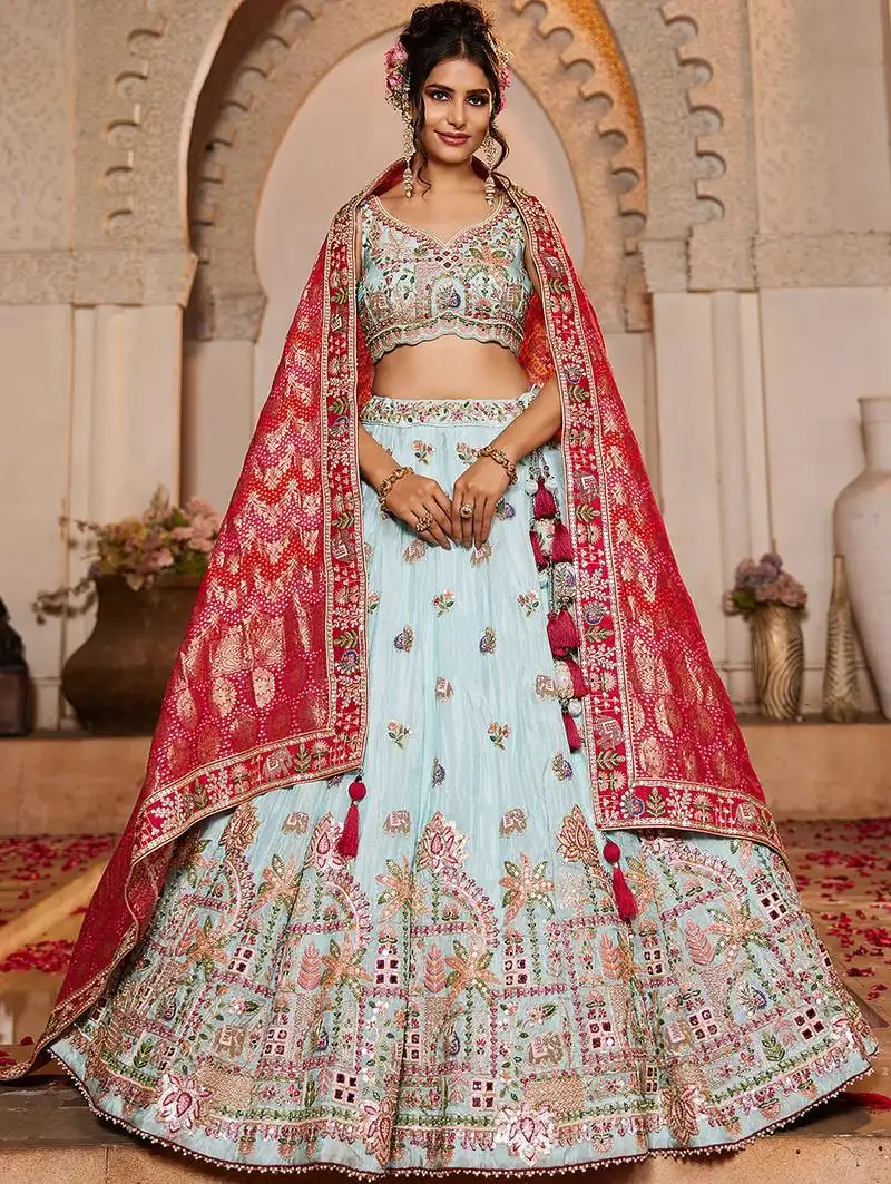 Blue tissue mirror embroidery semi-stitched lehenga choli & dupatta