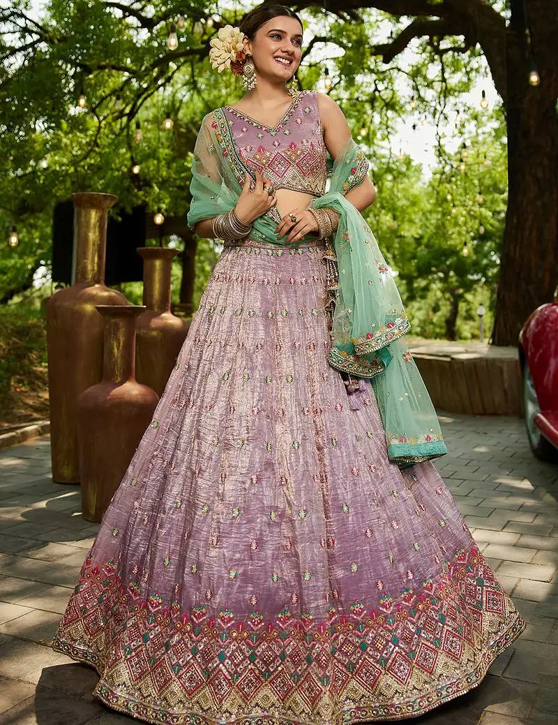 Lavender colour tissue sequin embroidery semi-stitched lehenga choli & dupatta