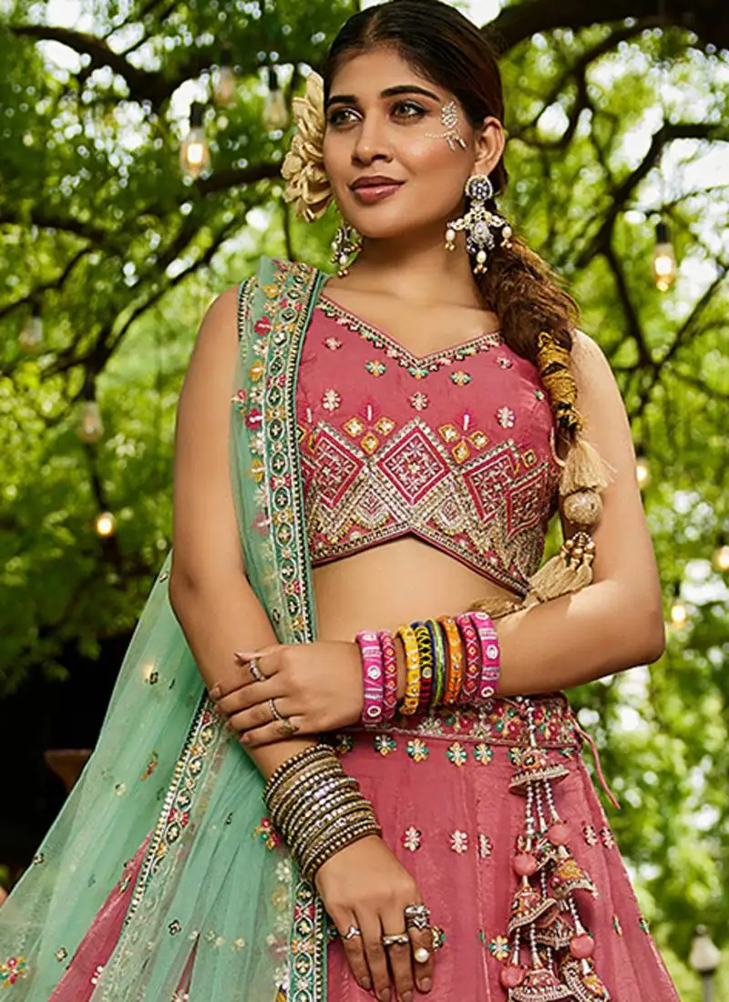 Pink colour tissue sequin embroidery semi-stitched lehenga choli & dupatta