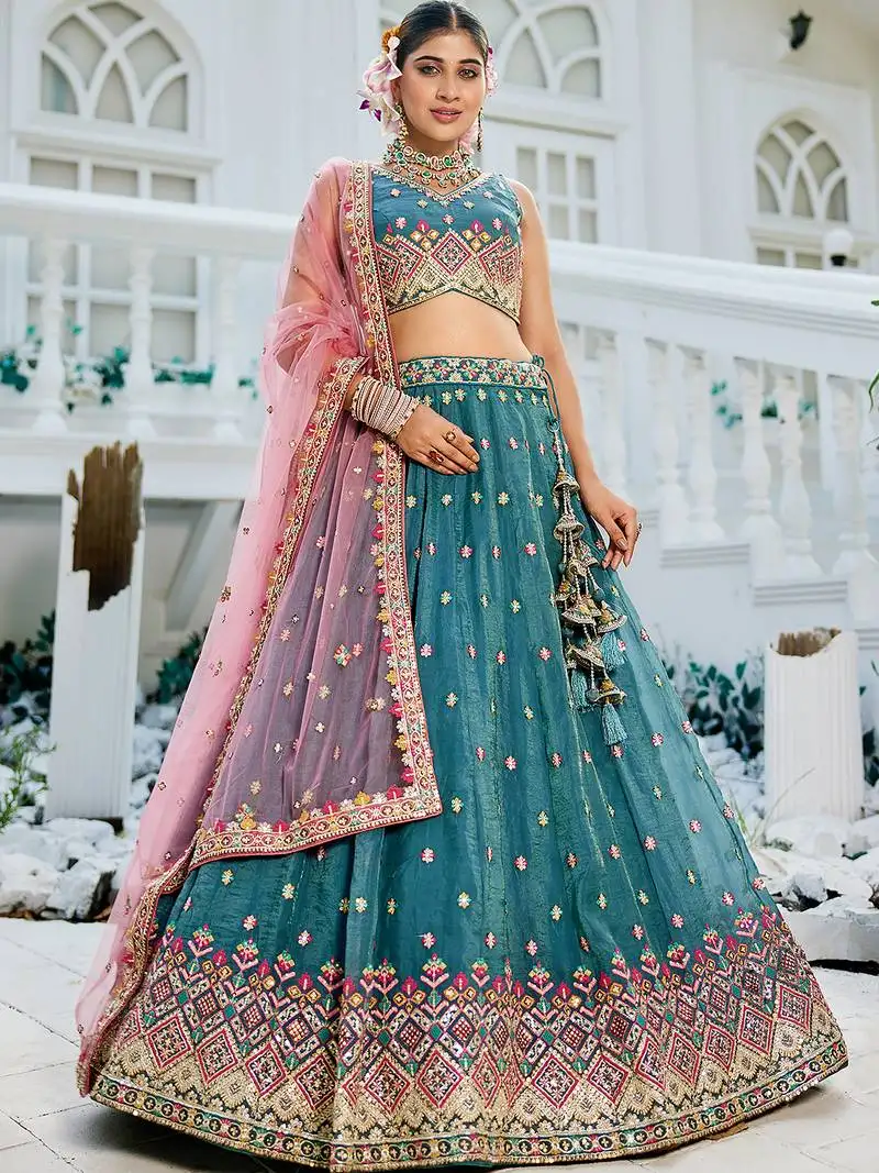Teal colour tissue sequin embroidery semi-stitched lehenga choli & dupatta