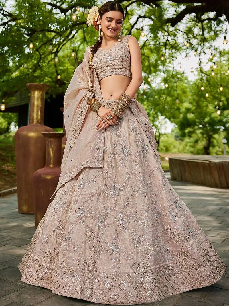 Nude colour tissue sequin embroidery semi-stitched lehenga choli & dupatta