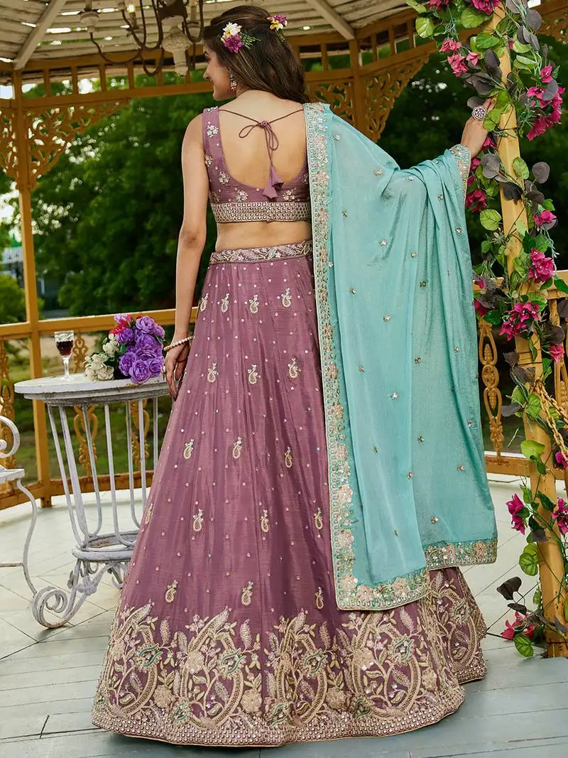 Rose gold colour chinnon sequin embroidery semi-stitched lehenga choli & dupatta