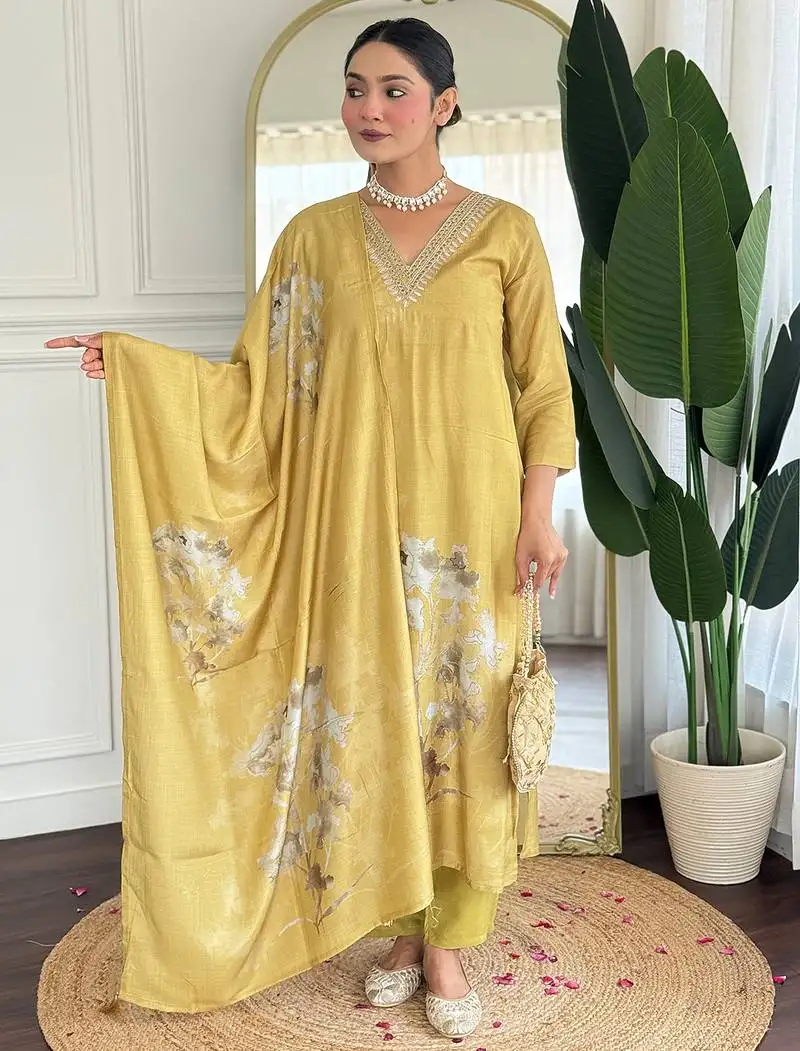 Yellow pure muslin heavy thread embroidery work with digital print kurta pant set