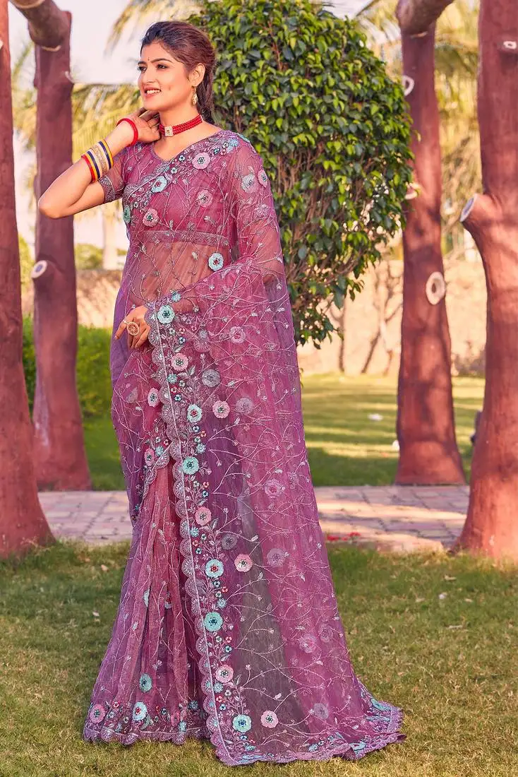Pink sequin embroidered work net saree sari