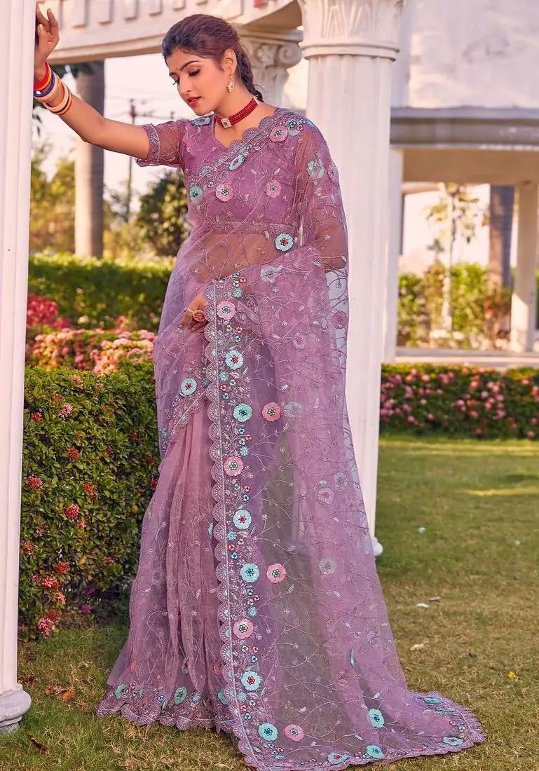 Lavender sequin embroidered work net saree sari