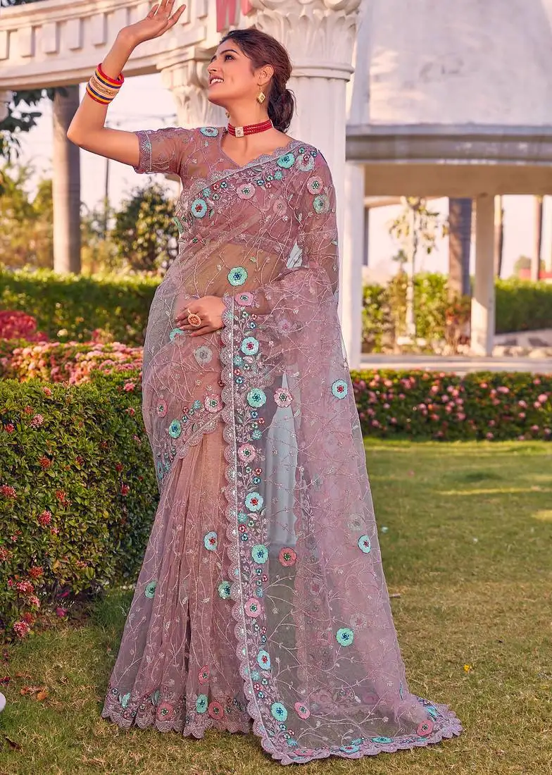 Purple sequin embroidered work net saree sari