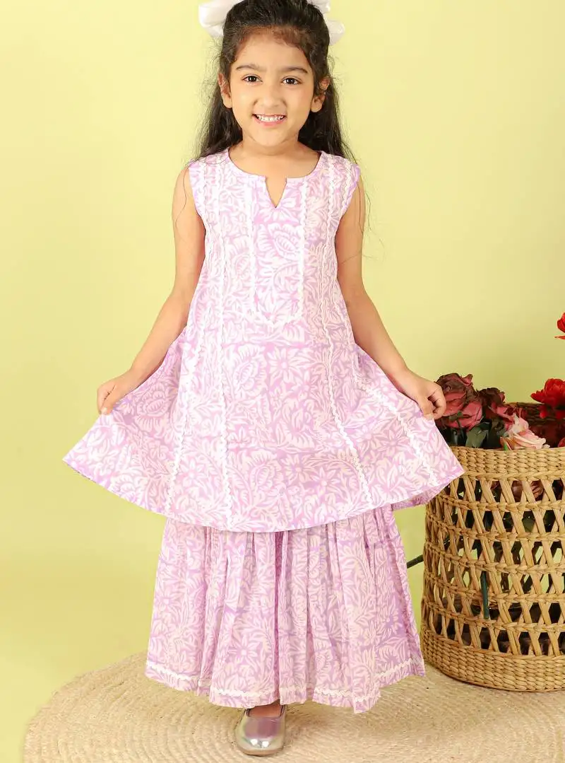 Purple printed cotton sharara with kurta