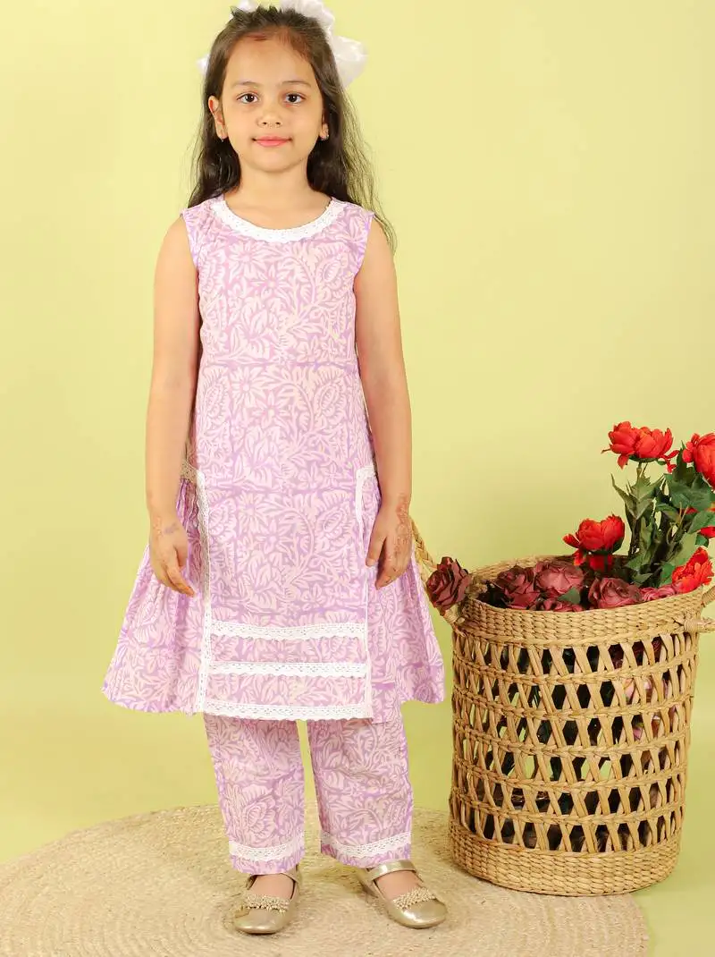 Purple printed cotton kurti set
