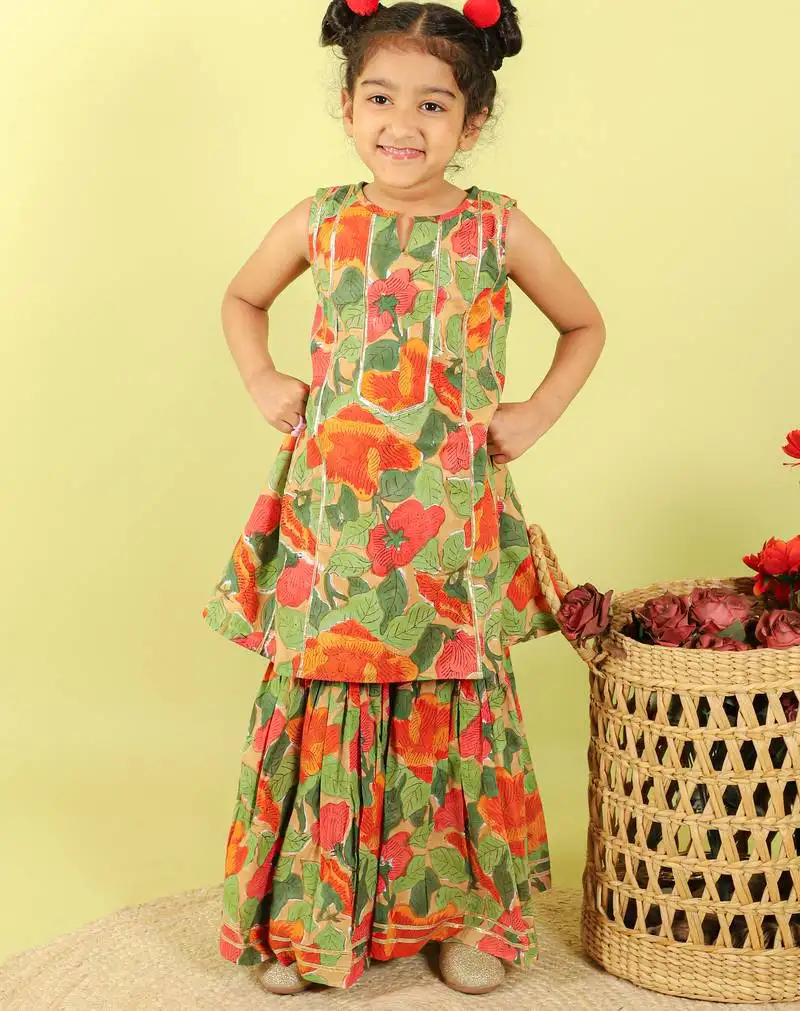 Green printed cotton sharara with kurta
