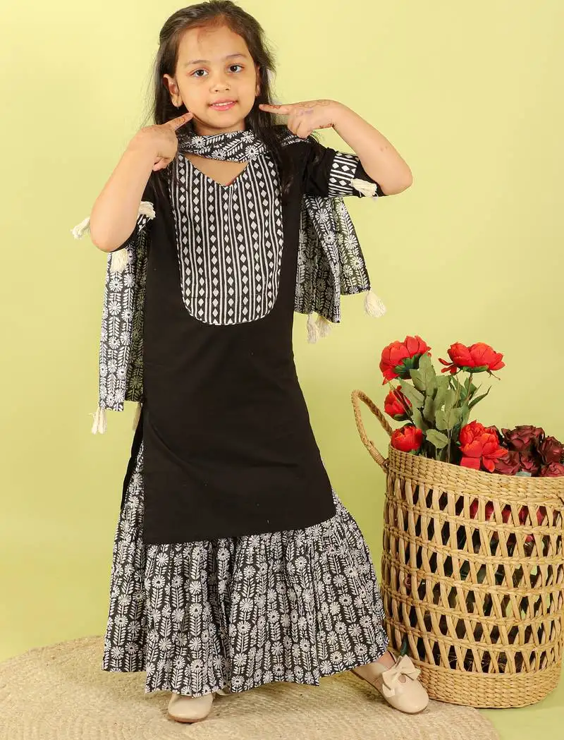 Black printed cotton sharara set