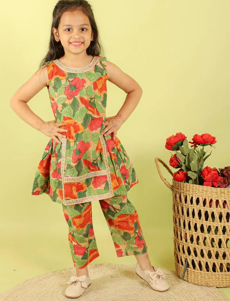 Green printed cotton kurti set