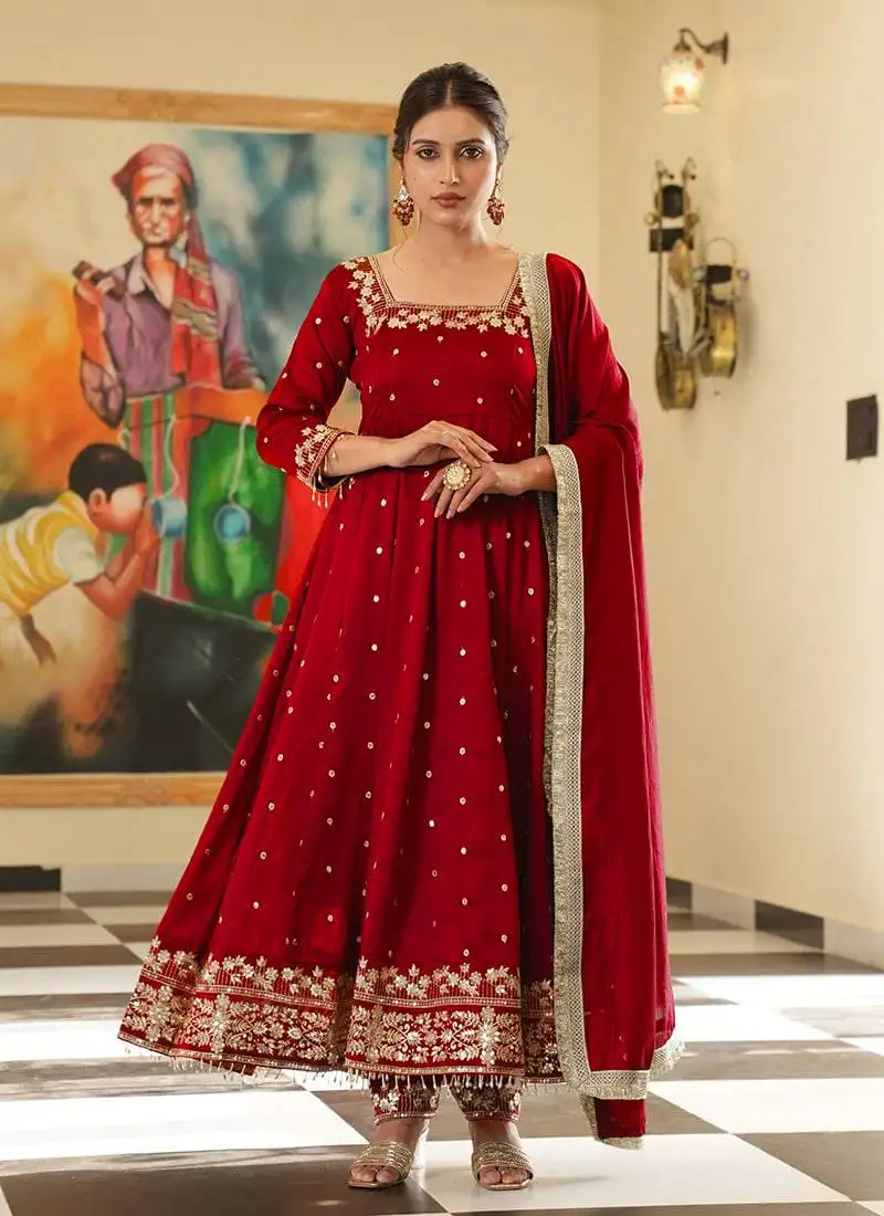 Red colour vichitra silk embroidery work fully stitched gown