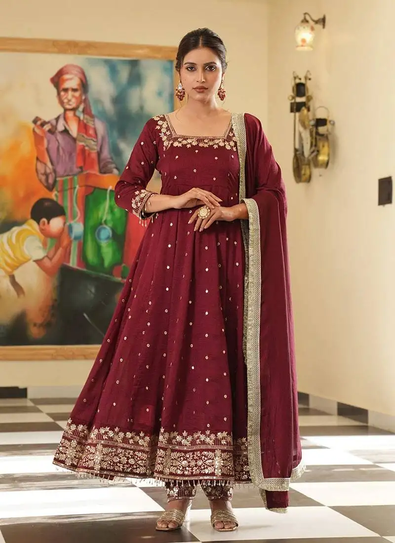 Maroon colour vichitra silk embroidery work fully stitched gown