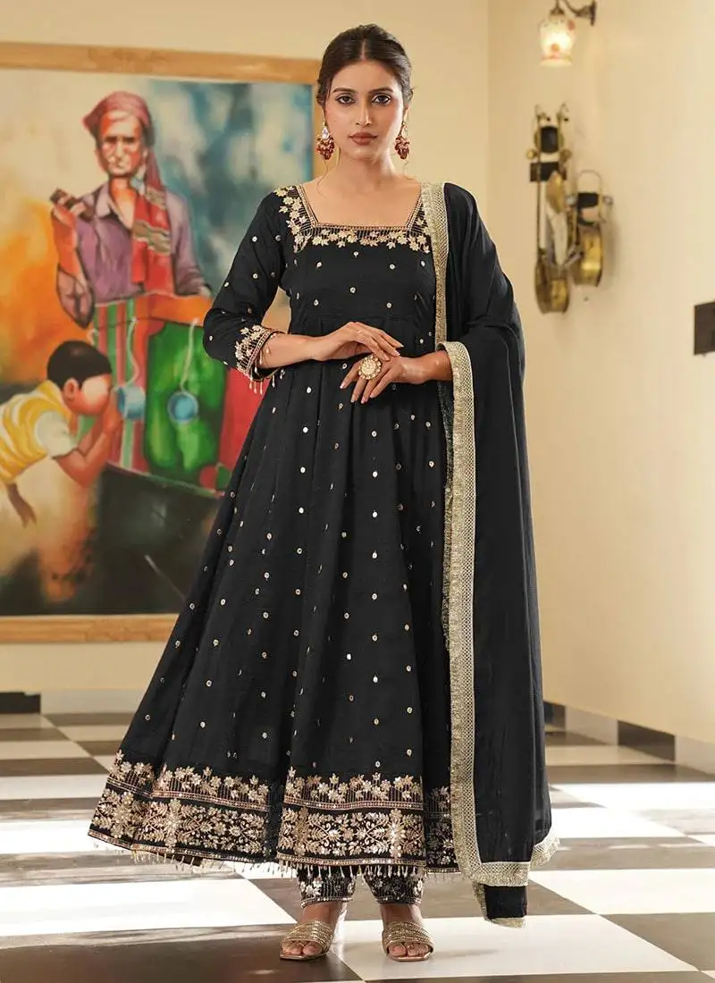 Black colour vichitra silk embroidery work fully stitched gown
