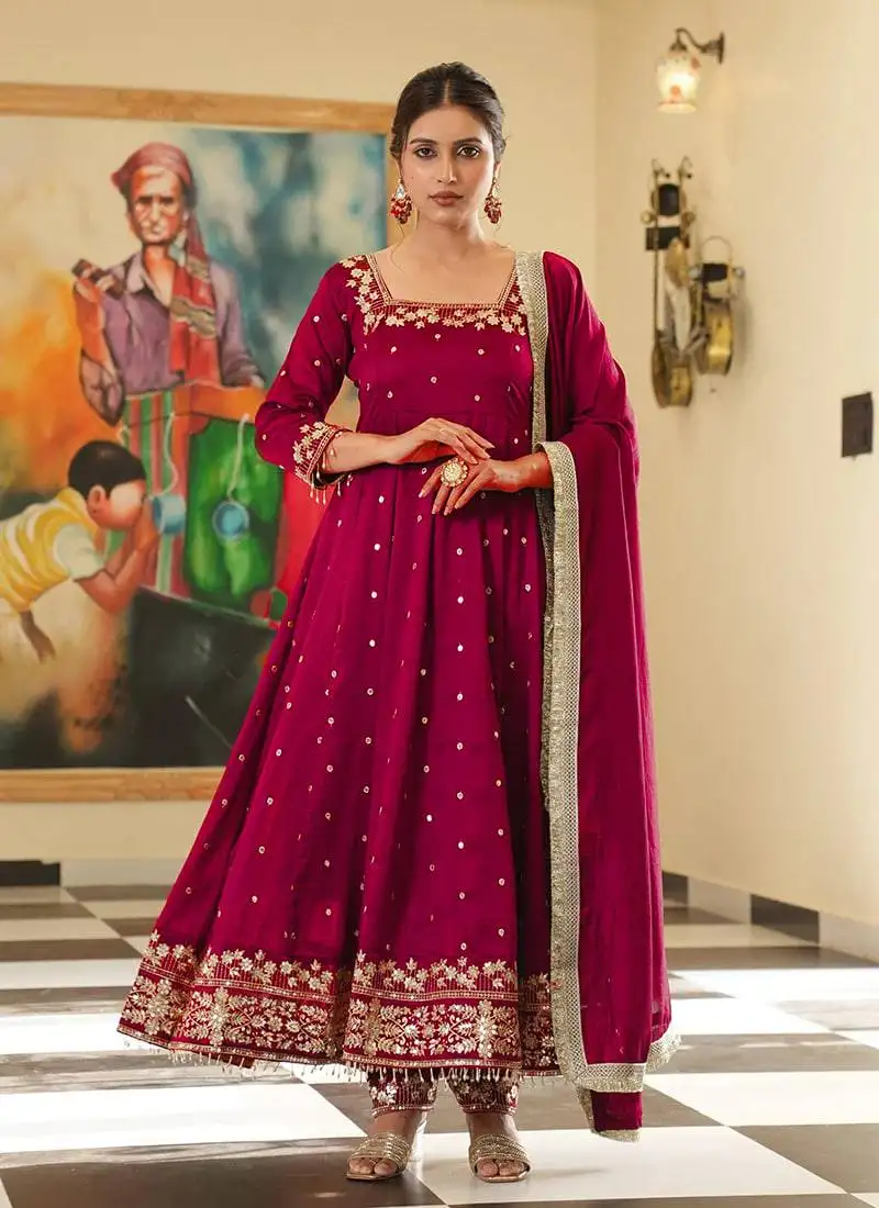 Rani colour vichitra silk embroidery work fully stitched gown