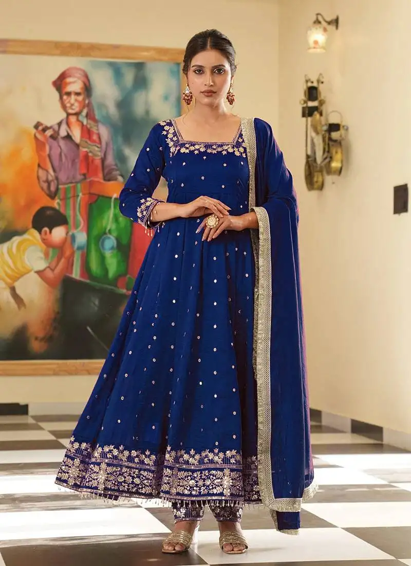 Royal blue colour vichitra silk embroidery work fully stitched gown
