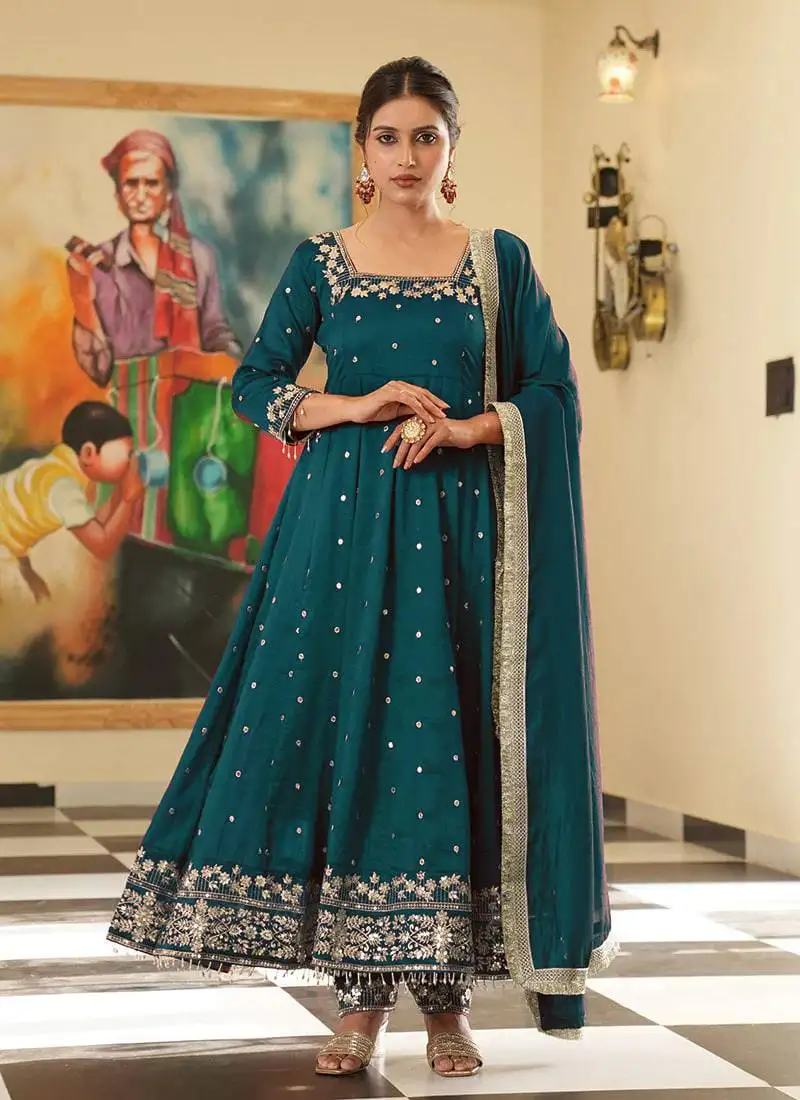 Teal colour vichitra silk embroidery work fully stitched gown