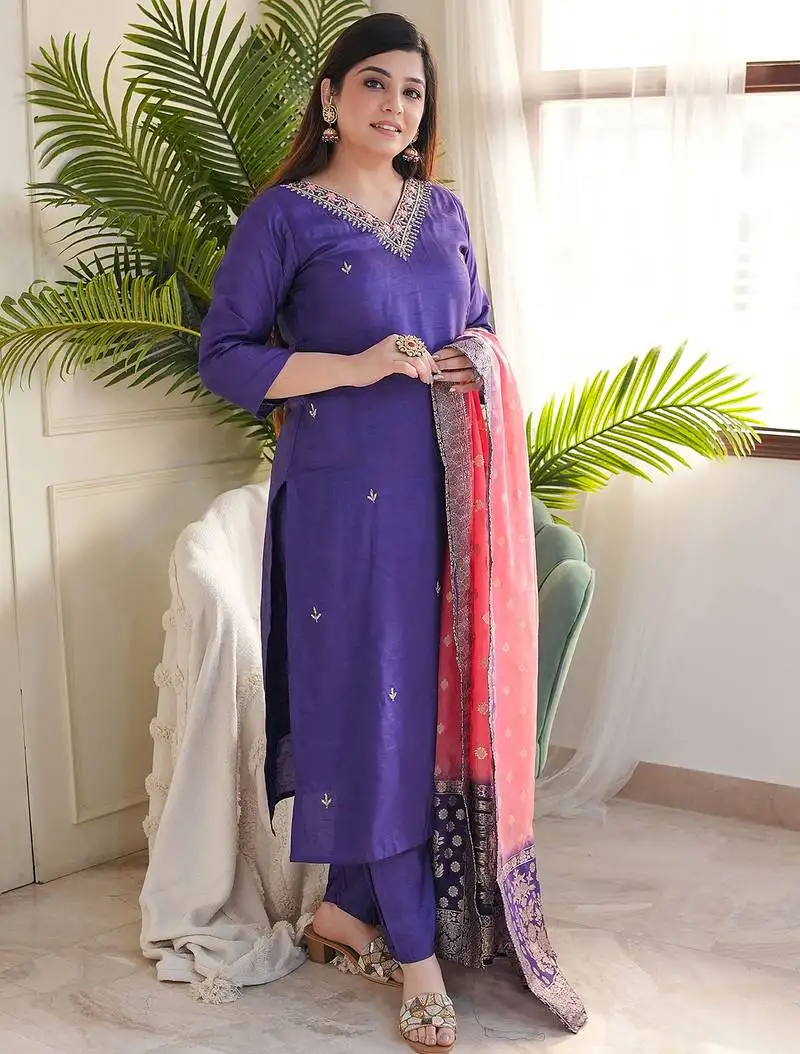 Purple viscose chanderi heavy thread embroidery work with jacquard dupatta kurta pant set