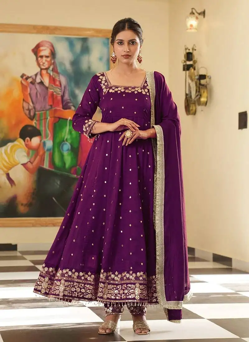 Wine colour vichitra silk embroidery work fully stitched gown