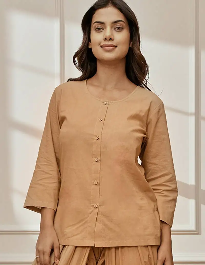 Women's beige cambric cotton yoga kurta with front open design & three quarter sleeves