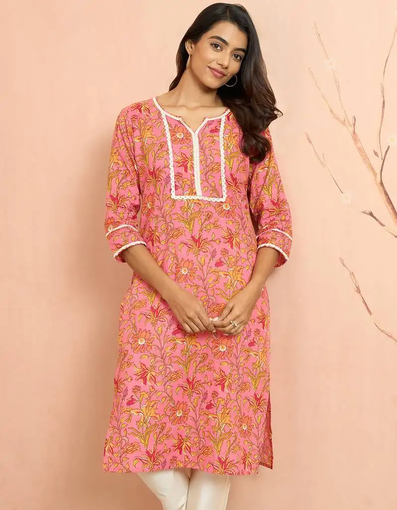 Women's pink floral print cotton kurta - designer rakhi outfit round neck ethnic dress