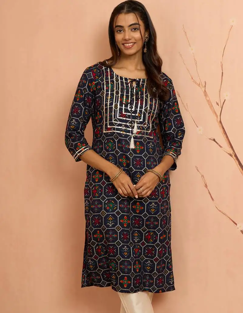 Women's navy blue patola print foil kurta - traditional raksha bandhan digital print ethnic dress