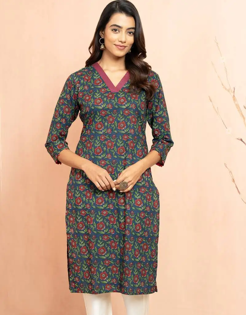 Women's navy blue kalamkari print cotton kurta - raksha bandhan special ethnic wear three quarter sleeve