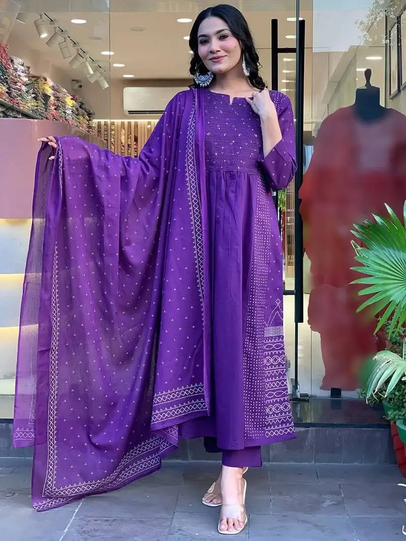 Purple p.v chanderi print with thread embroidery work kurta pant set