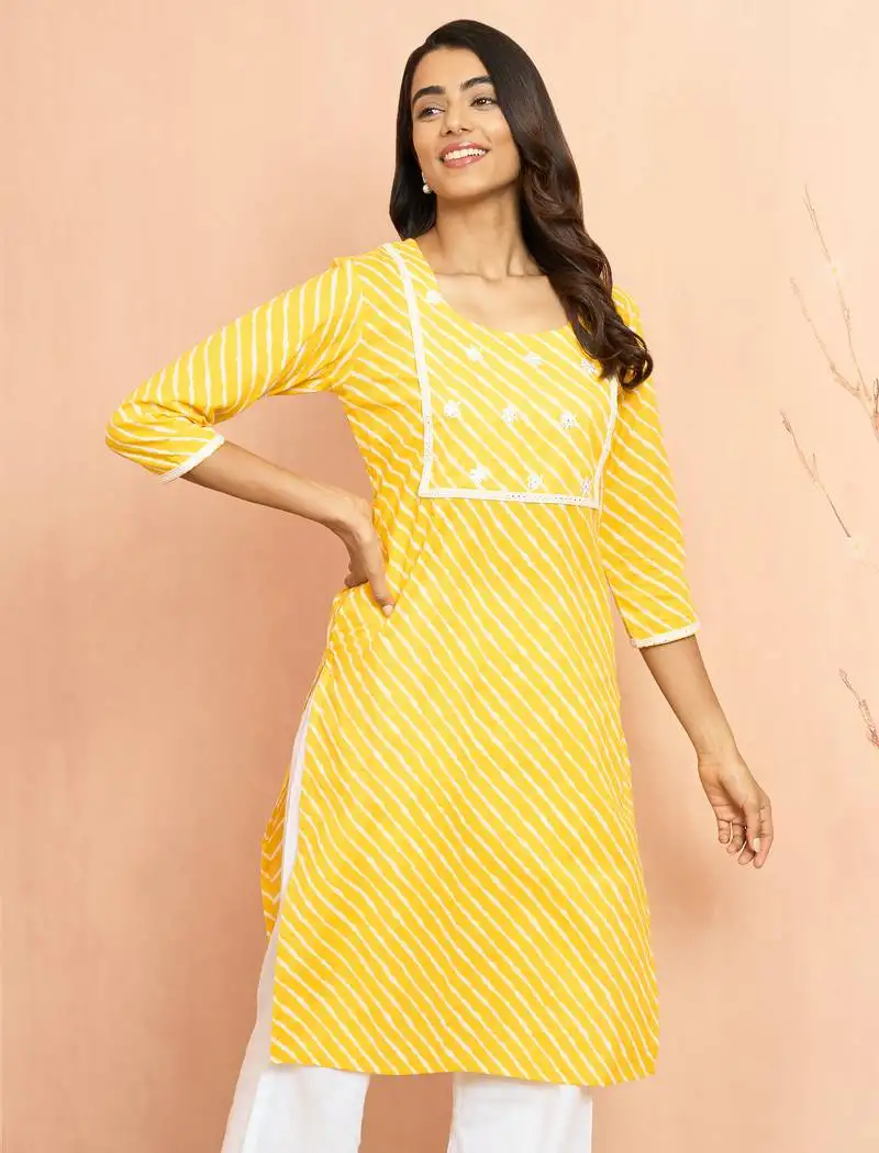 Women's yellow lehariya print embroidered kurta - raksha bandhan thread work ethnic dress