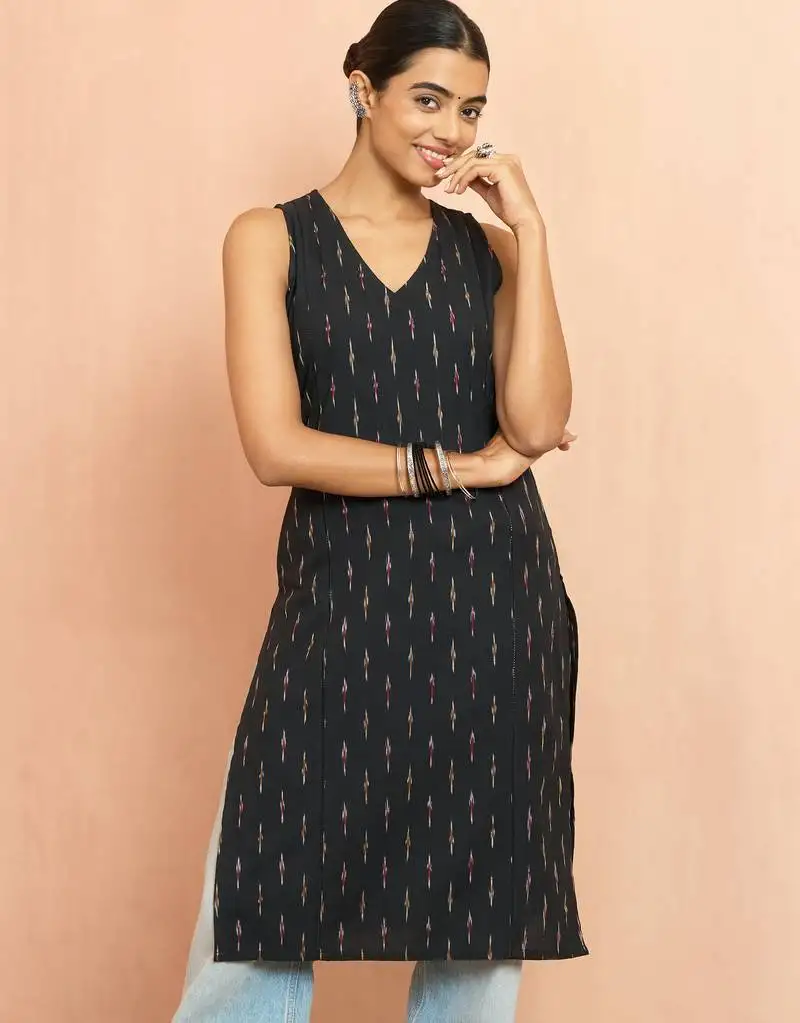 Women's black cotton ikkat sleeveless kurta - contemporary rakhi outfit traditional ethnic dress