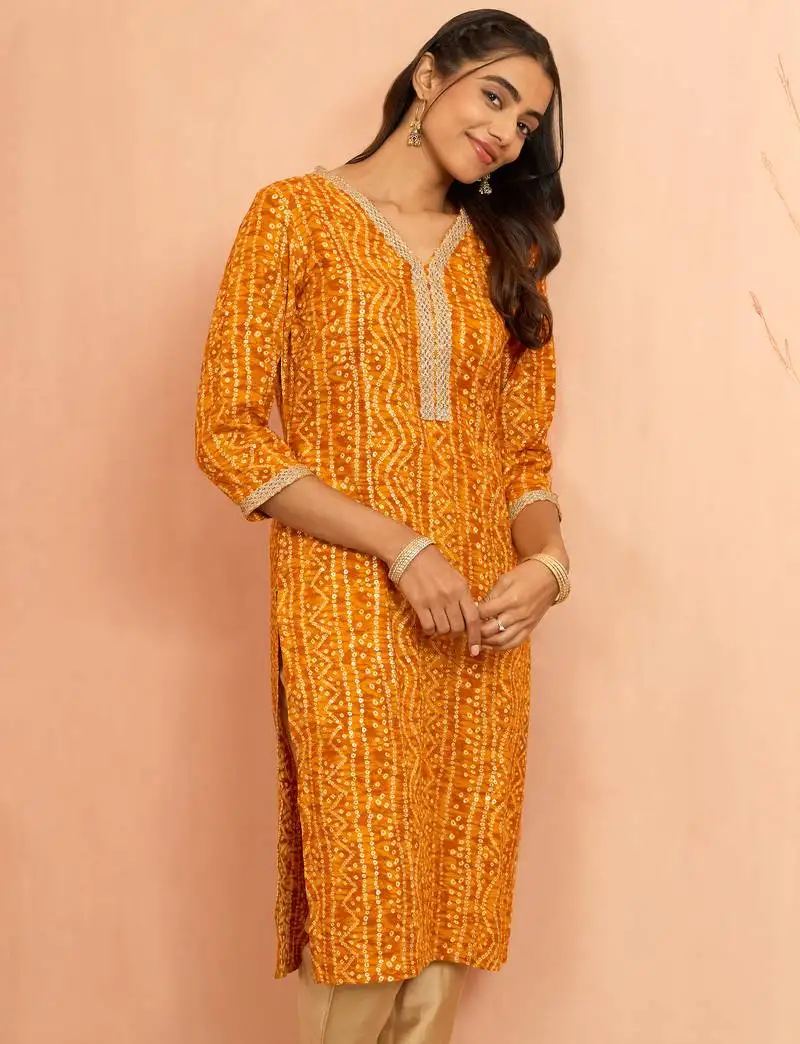 Women's mustard bandhani foil print kurta - bright raksha bandhan digital print ethnic dress