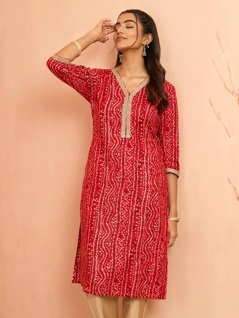 Women's red bandhani foil print kurta - raksha bandhan digital print rayon ethnic dress