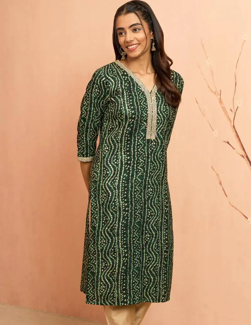 Women's green bandhani foil print kurta - festive raksha bandhan digital print ethnic wear