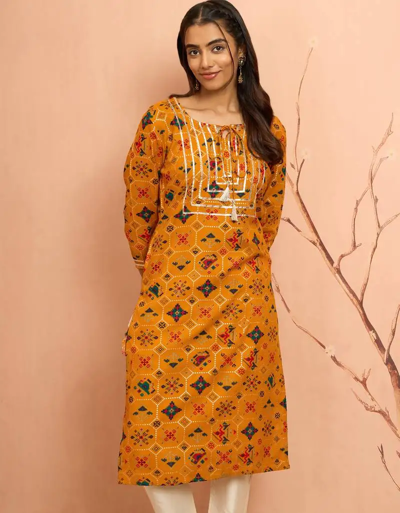 Women's mustard patola print foil kurta - bright raksha bandhan heritage digital print ethnic dress