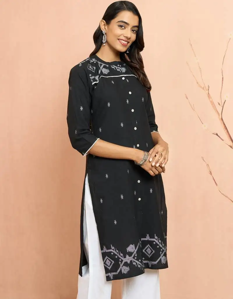 Women's black jamdani jacquard kurta - rakhi special traditional cotton ethnic dress