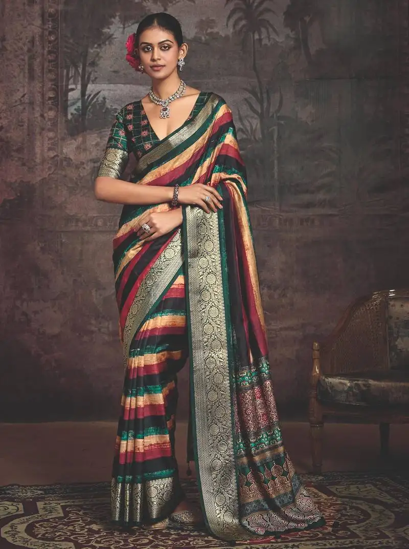 Multi color dolla silk blend self jaquard border saree with unstitched blouse