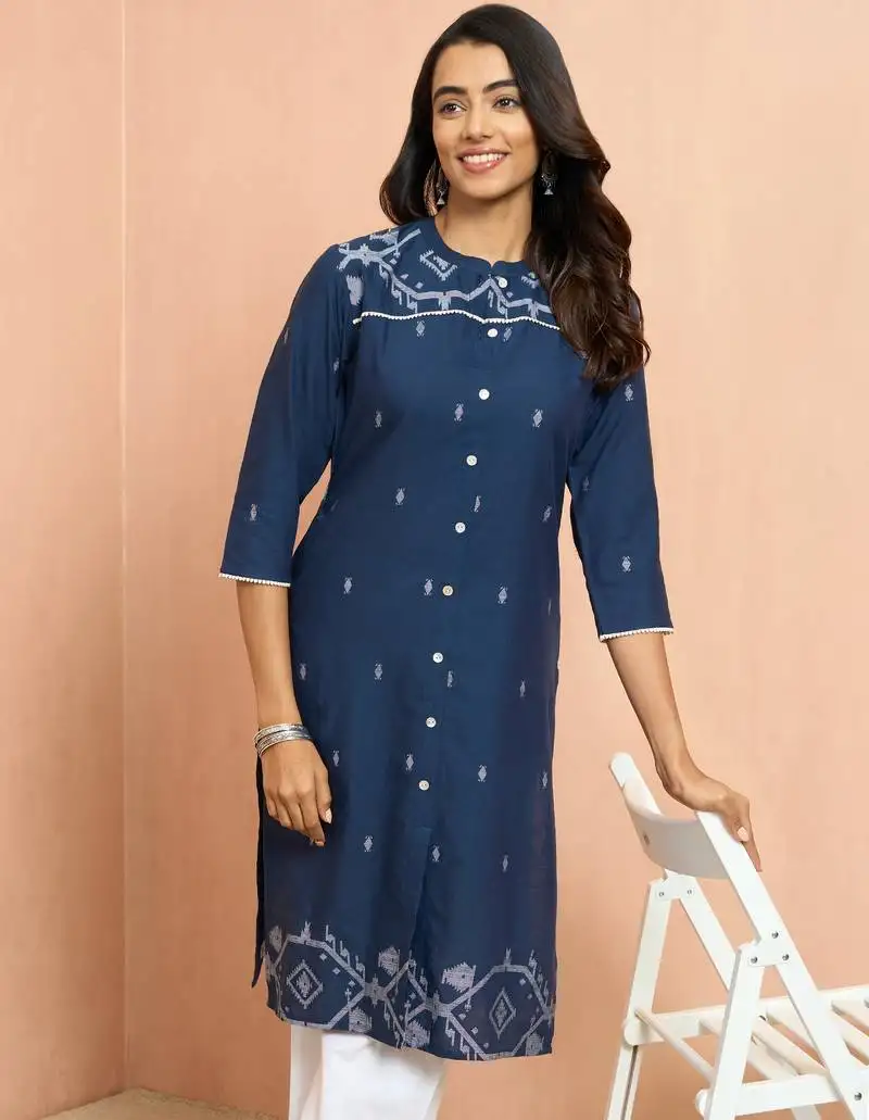 Women's navy blue jamdani jacquard kurta - traditional raksha bandhan cotton ethnic wear