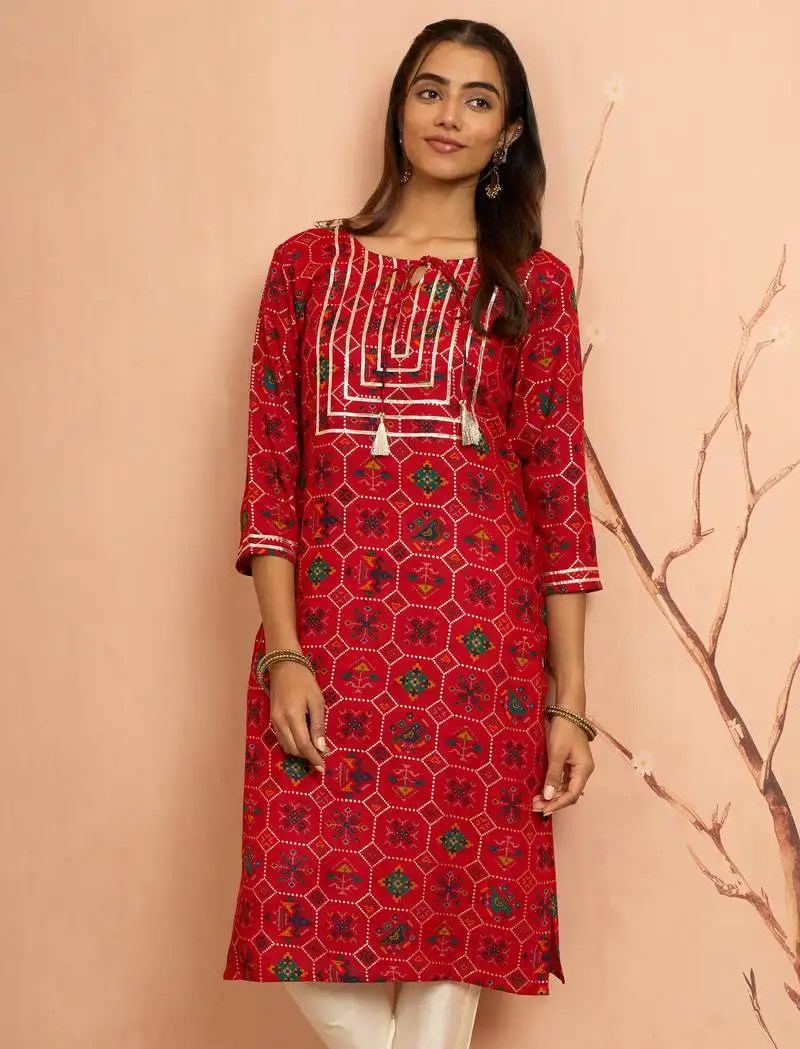 Women's red patola print foil kurta - festive raksha bandhan traditional digital print ethnic wear